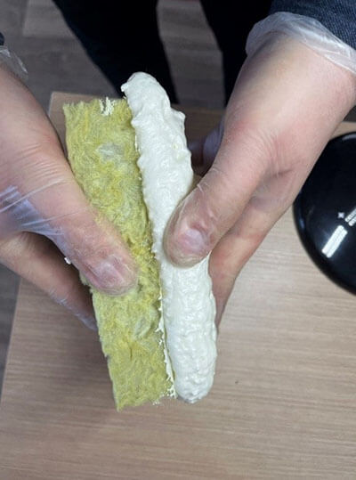 Рисунок образцов минеральной ваты Э, обработанной составом Стиз Д, после нанесения монтажной пены К